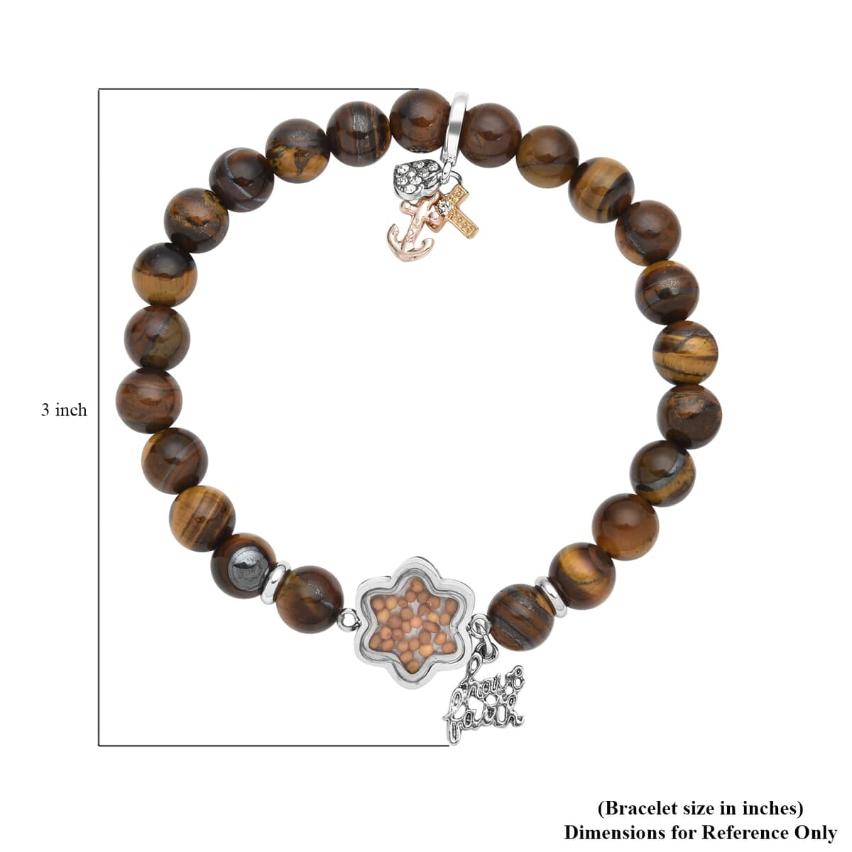 Yellow Tiger's Eye Beaded Stretch Bracelet with Austrian Crystal Faith Charms & Mustard seeds in Dualtone & Stainless Steel 117.00 ctw image number 5