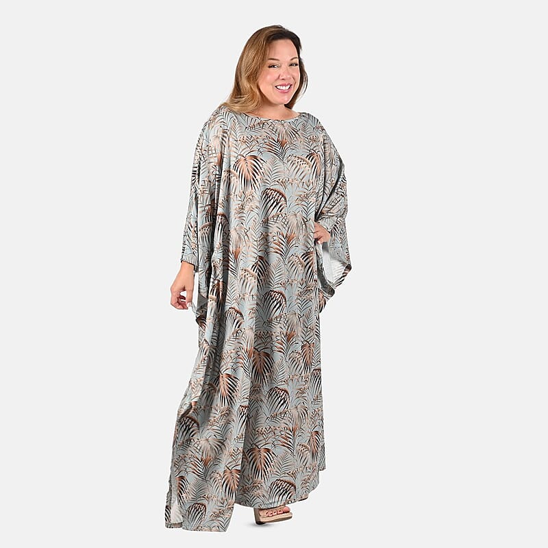 Tamsy Knit Light Blue Palm Leaf Long Kaftan - One Size Fits Most