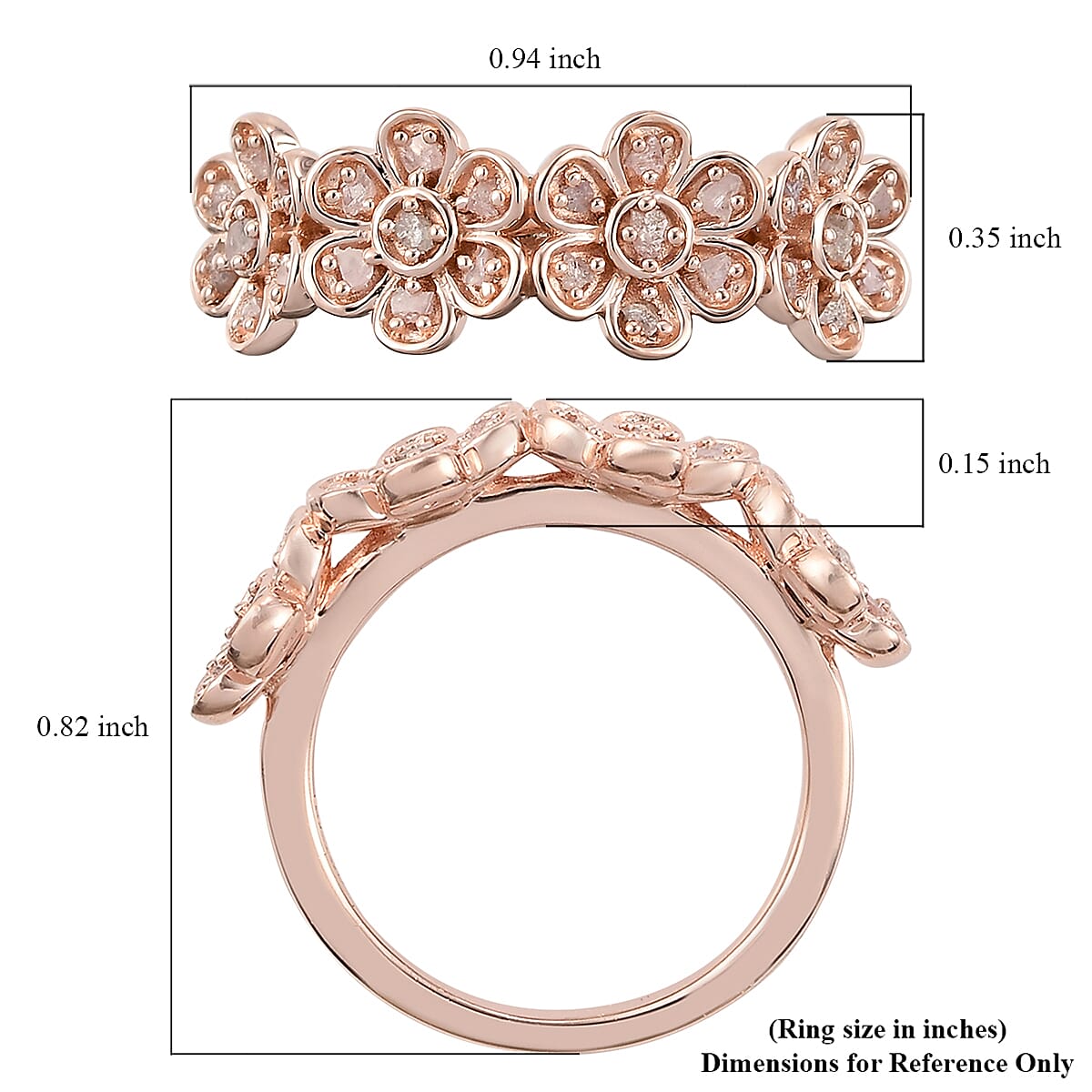 GP Italian Garden Collection Uncut Natural Pink Diamond Floral Ring in Vermeil Rose Gold Over Sterling Silver (Size 5.0) 0.20 ctw