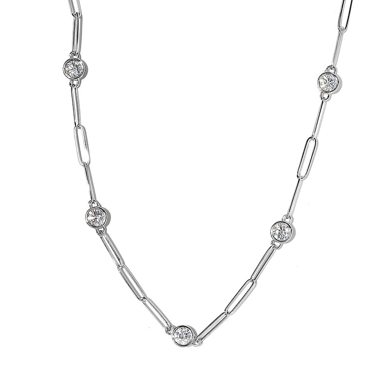 D'Joy Moissanite Paper Clip Chain Station Necklace 24 Inches in Platinum Over Sterling Silver 8.50 ctw