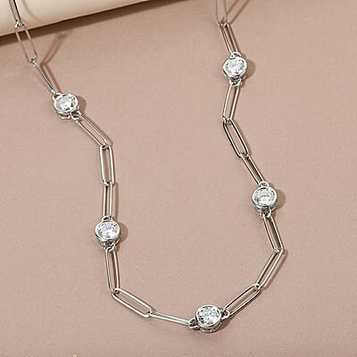 D'Joy Moissanite Paper Clip Chain Station Necklace 24 Inches in Platinum Over Sterling Silver 8.50 ctw