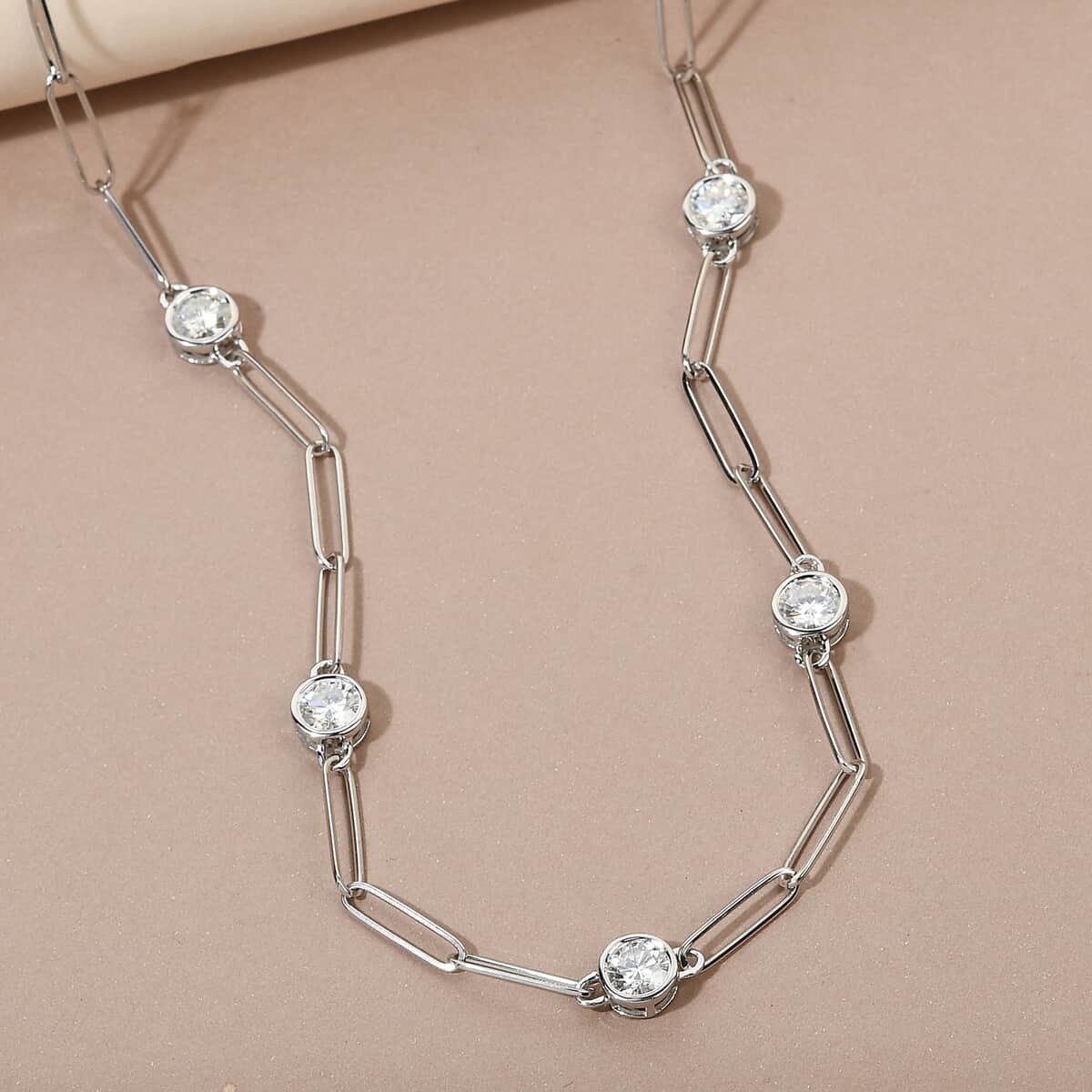 Moissanite Paper Clip Chain Station Necklace 24 Inches in Platinum Over Sterling Silver 8.50 ctw image number 1