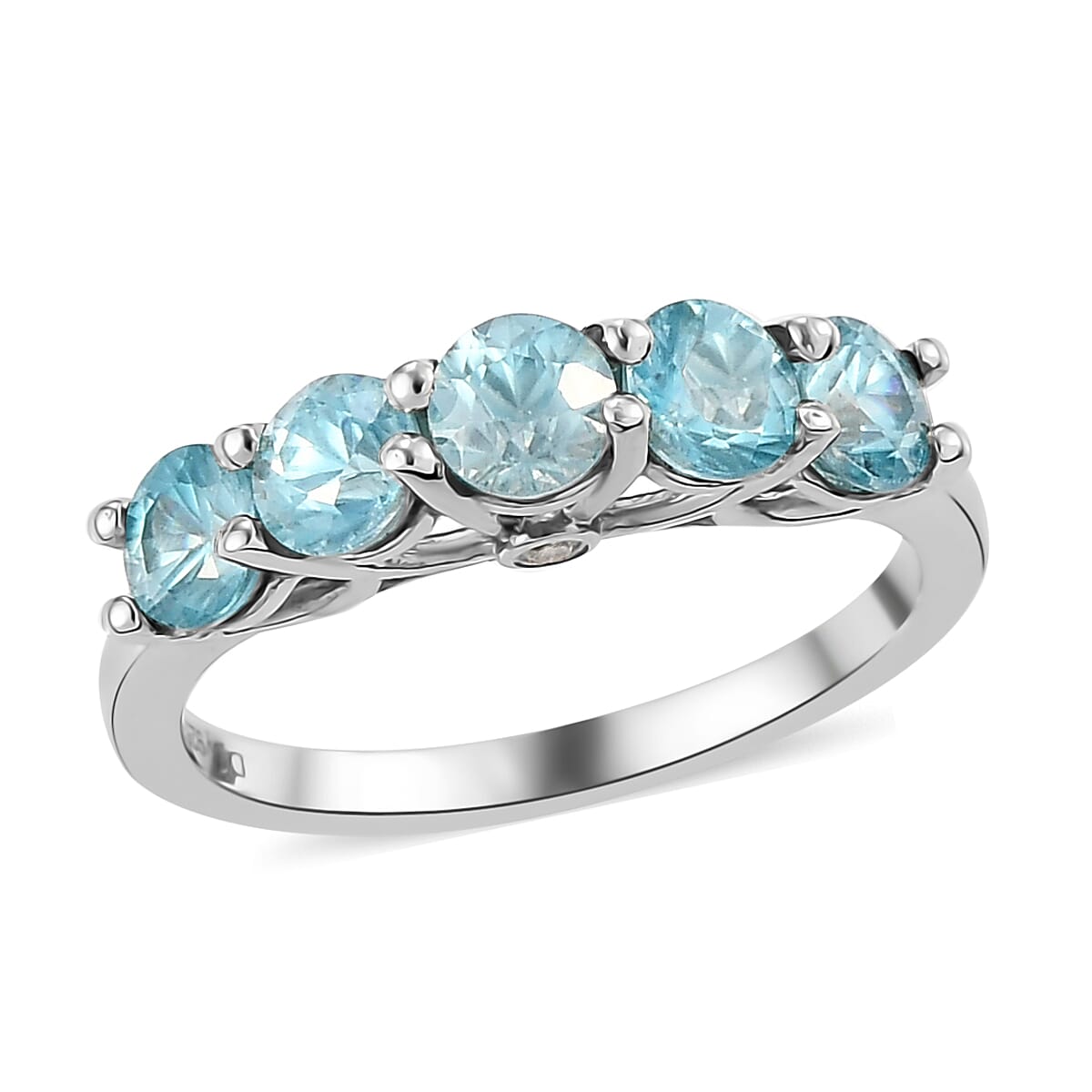 Cambodian Blue Zircon and Natural White Zircon 5 Stone Ring in Platinum Over Sterling Silver (Size 6.0) 2.00 ctw image number 0