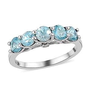 Cambodian Blue Zircon and Natural White Zircon 5 Stone Ring in Platinum Over Sterling Silver (Size 6.0) 2.00 ctw