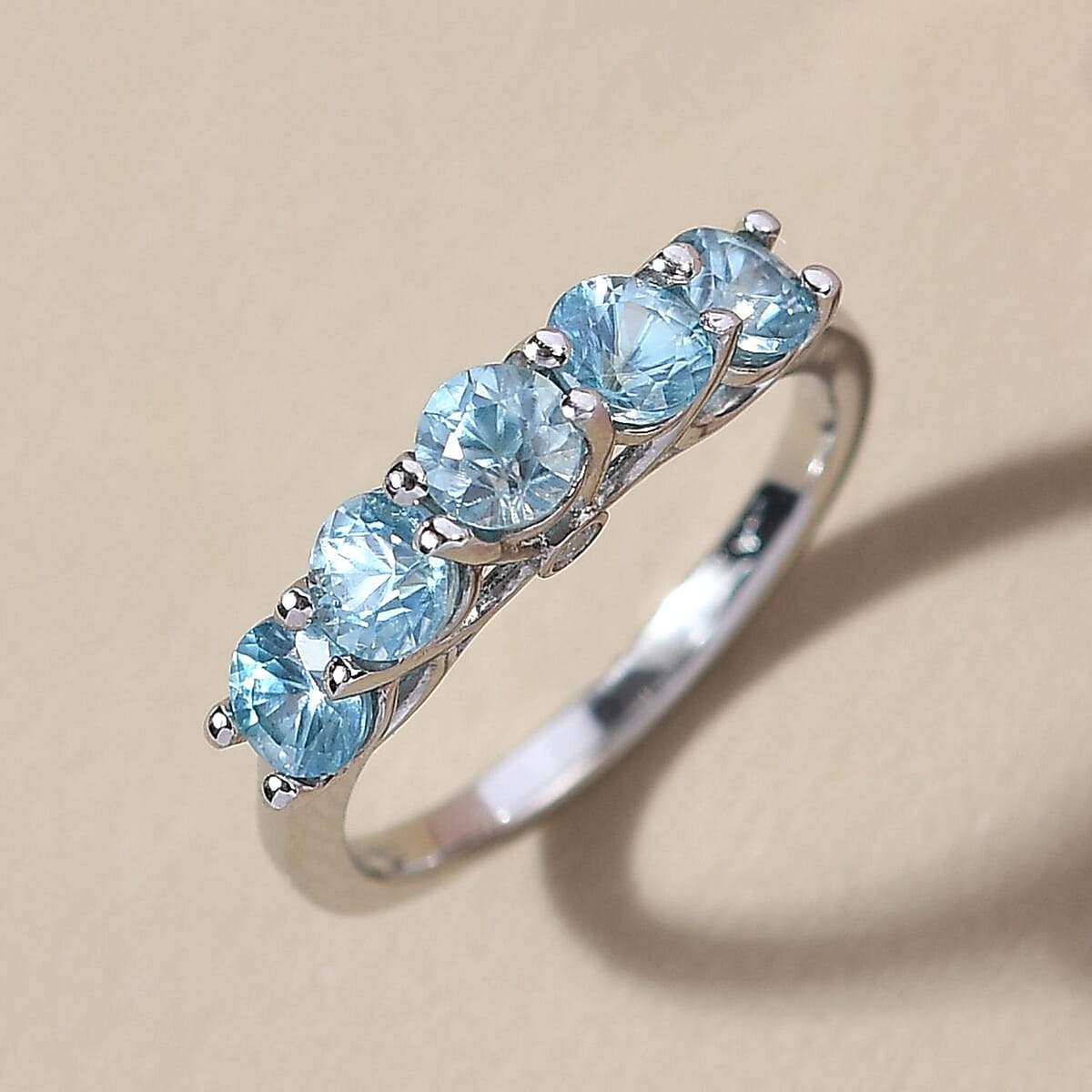 Cambodian Blue Zircon and Natural White Zircon 5 Stone Ring in Platinum Over Sterling Silver (Size 6.0) 2.00 ctw image number 1