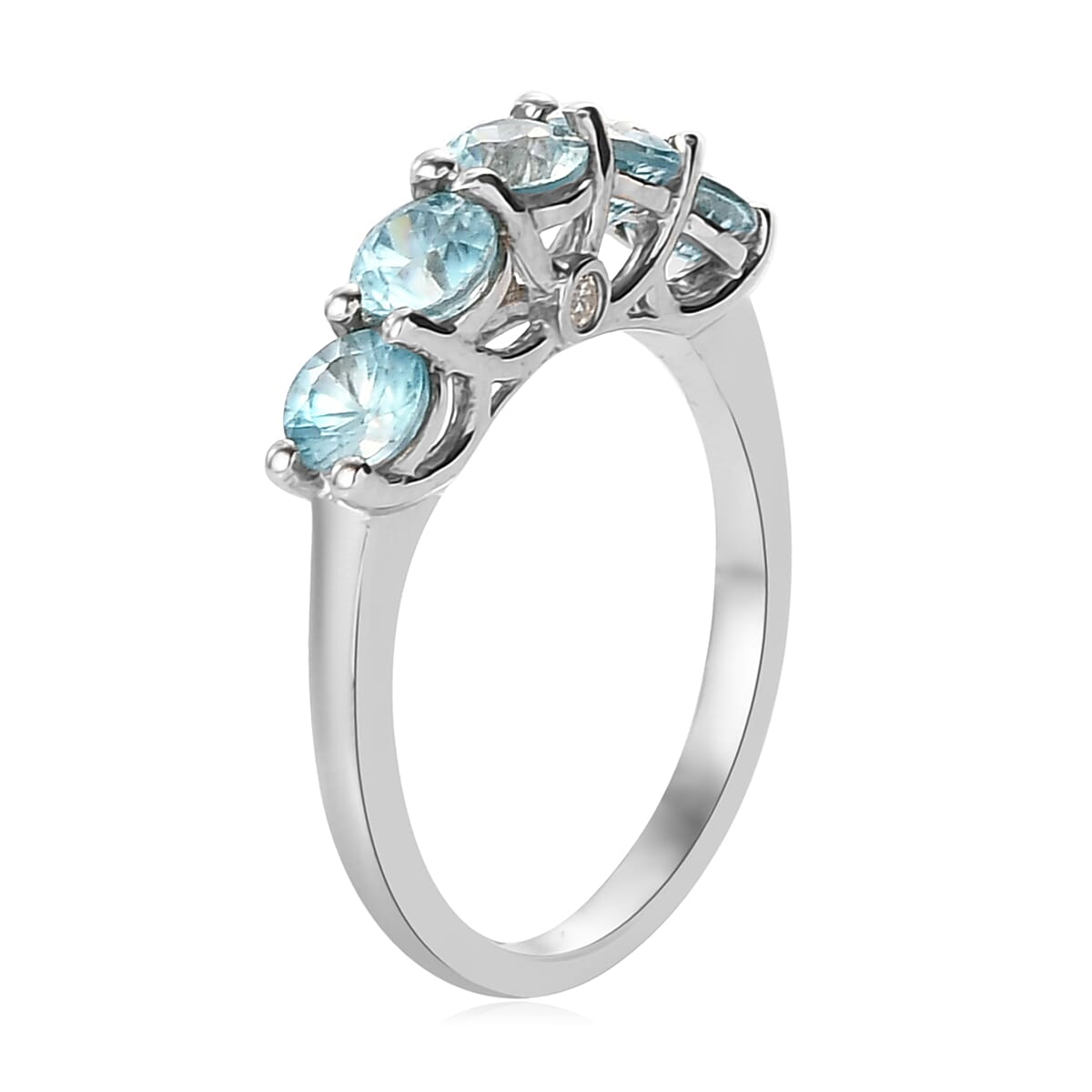 Cambodian Blue Zircon and Natural White Zircon 5 Stone Ring in Platinum Over Sterling Silver (Size 6.0) 2.00 ctw image number 3