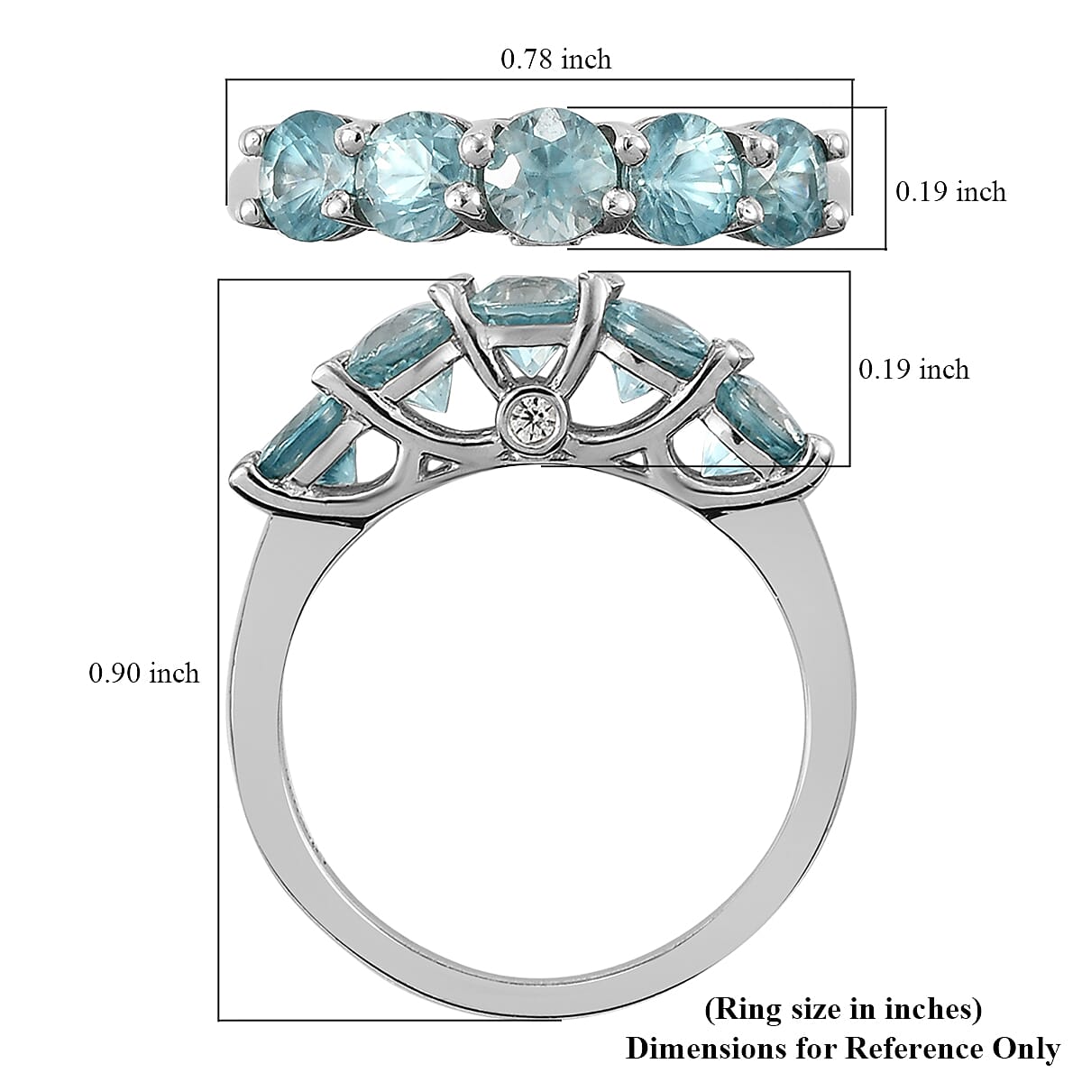 Cambodian Blue Zircon and Natural White Zircon 5 Stone Ring in Platinum Over Sterling Silver (Size 6.0) 2.00 ctw image number 5