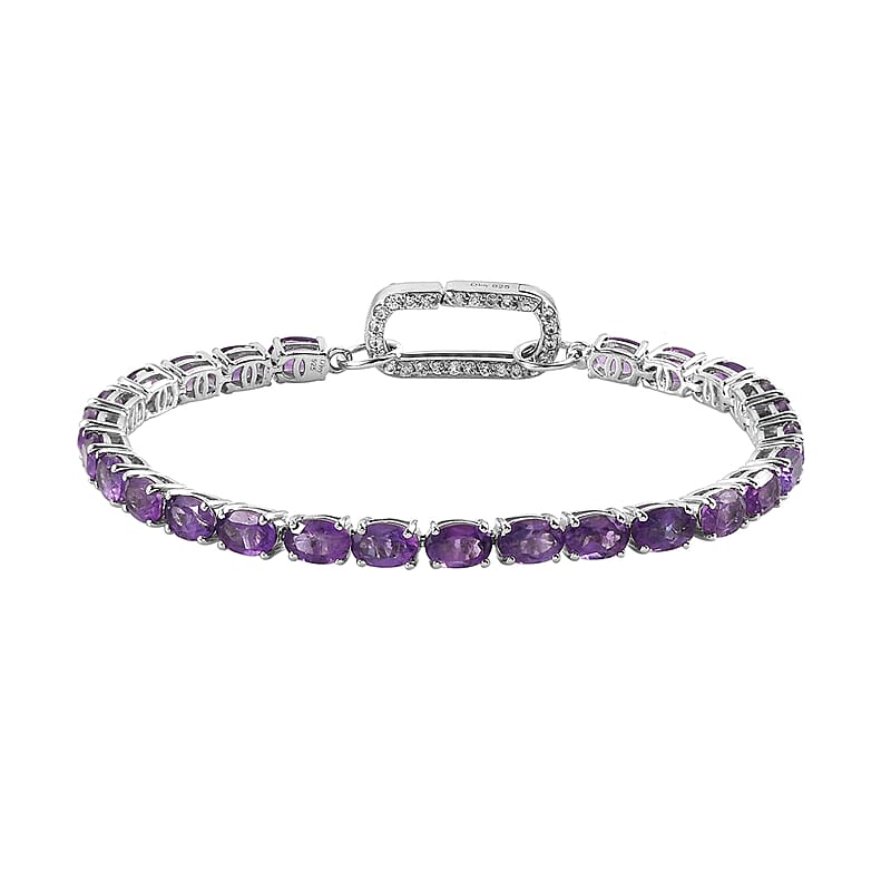 Amethyst and Natural White Zircon Bracelet in Platinum Over Sterling Silver (7.25 In) 9.65 Grams 11.65 ctw