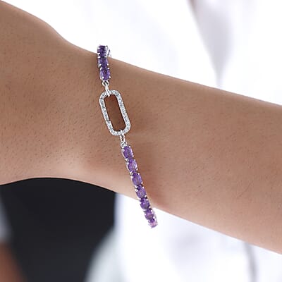 Amethyst and Natural White Zircon Bracelet in Platinum Over Sterling Silver (7.25 In) 9.65 Grams 11.65 ctw