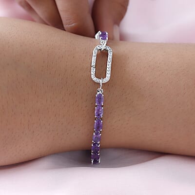 Amethyst and Natural White Zircon Bracelet in Platinum Over Sterling Silver (7.25 In) 9.65 Grams 11.65 ctw