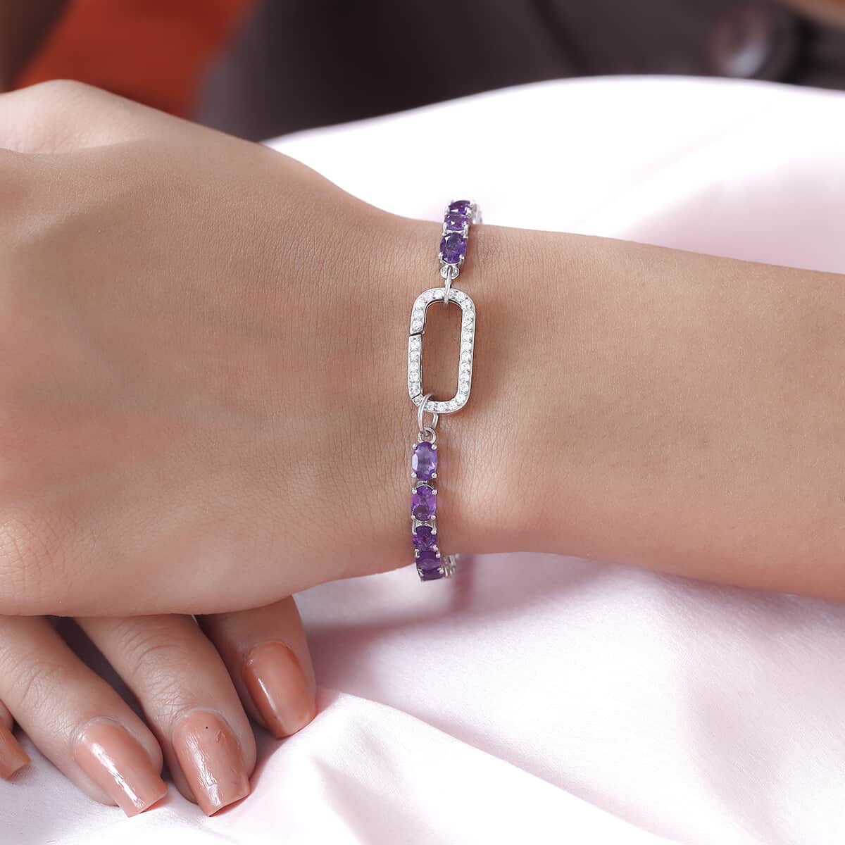 Amethyst and Natural White Zircon Bracelet in Platinum Over Sterling Silver (7.25 In) 9.65 Grams 11.65 ctw image number 1