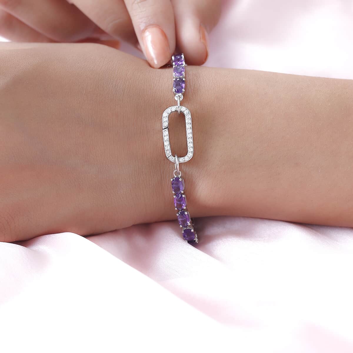 Amethyst and Natural White Zircon Bracelet in Platinum Over Sterling Silver (7.25 In) 9.65 Grams 11.65 ctw image number 2