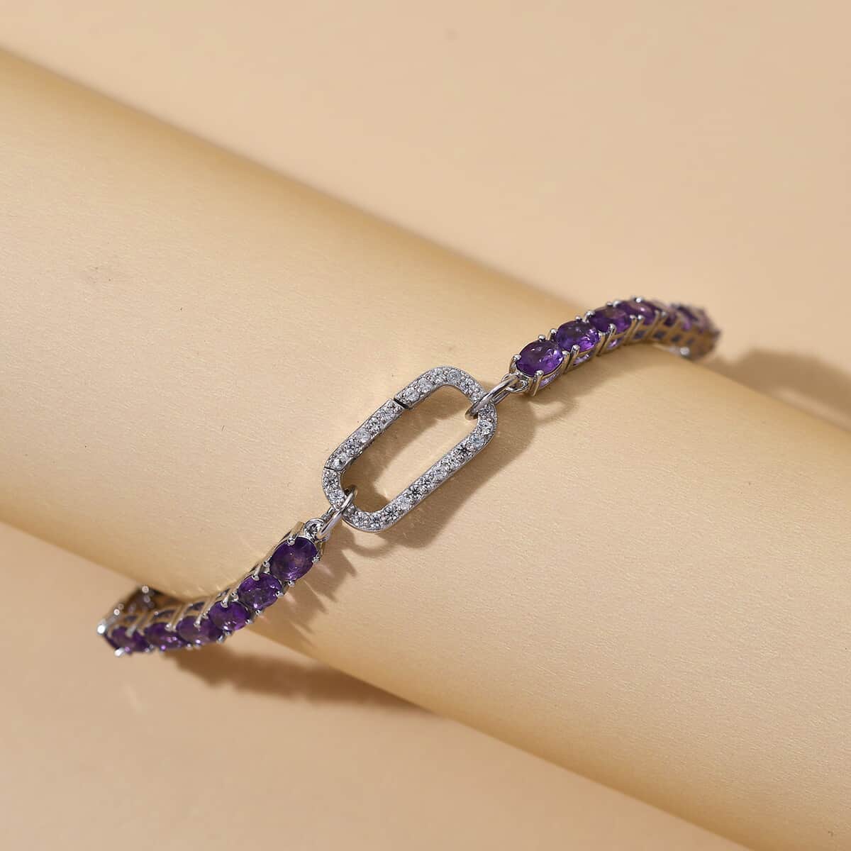 Amethyst and Natural White Zircon Bracelet in Platinum Over Sterling Silver (7.25 In) 9.65 Grams 11.65 ctw image number 4