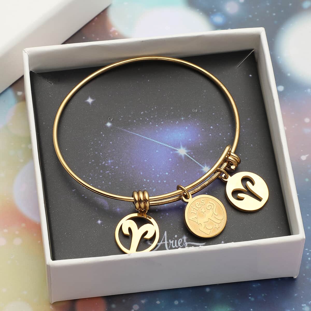 Aries Zodiac Bangle Bracelet Gift Set in ION Plated Yellow Gold Stainless Steel (6-9 in) image number 0
