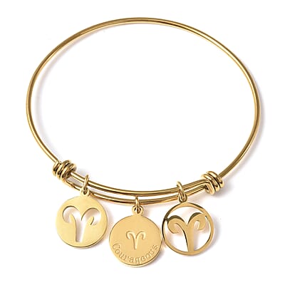 Aries Zodiac Bangle Bracelet Gift Set in ION Plated Yellow Gold Stainless Steel (6-9 in)