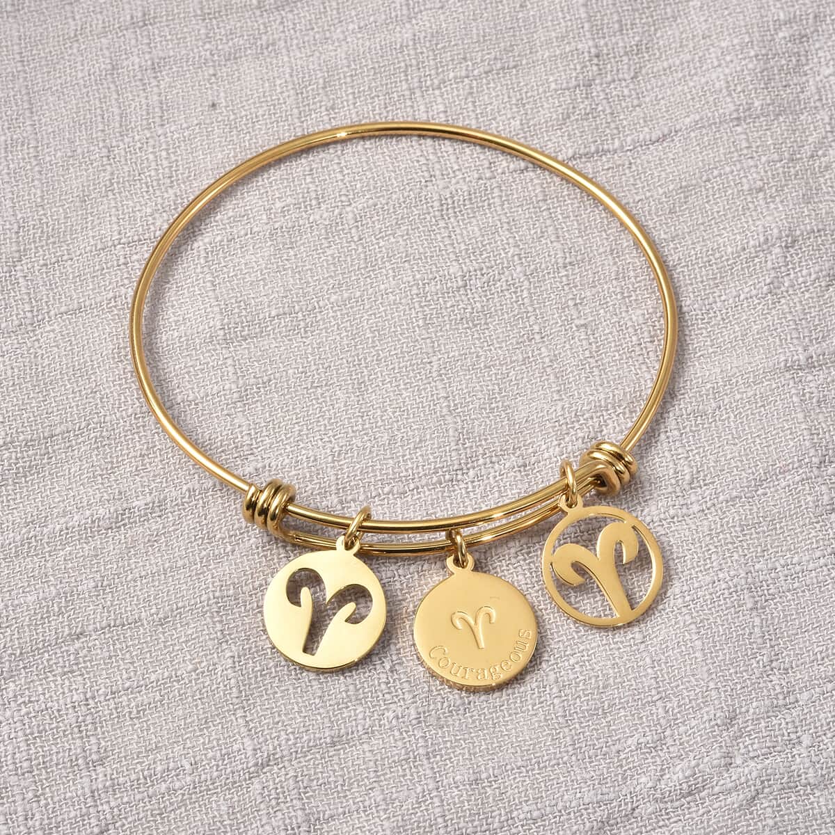 Aries Zodiac Bangle Bracelet Gift Set in ION Plated Yellow Gold Stainless Steel (6-9 in) image number 2