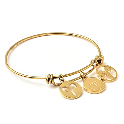 Aries Zodiac Bangle Bracelet Gift Set in ION Plated Yellow Gold Stainless Steel (6-9 in)