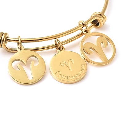 Aries Zodiac Bangle Bracelet Gift Set in ION Plated Yellow Gold Stainless Steel (6-9 in)