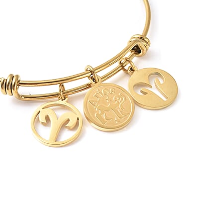 Aries Zodiac Bangle Bracelet Gift Set in ION Plated Yellow Gold Stainless Steel (6-9 in)