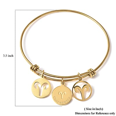 Aries Zodiac Bangle Bracelet Gift Set in ION Plated Yellow Gold Stainless Steel (6-9 in)