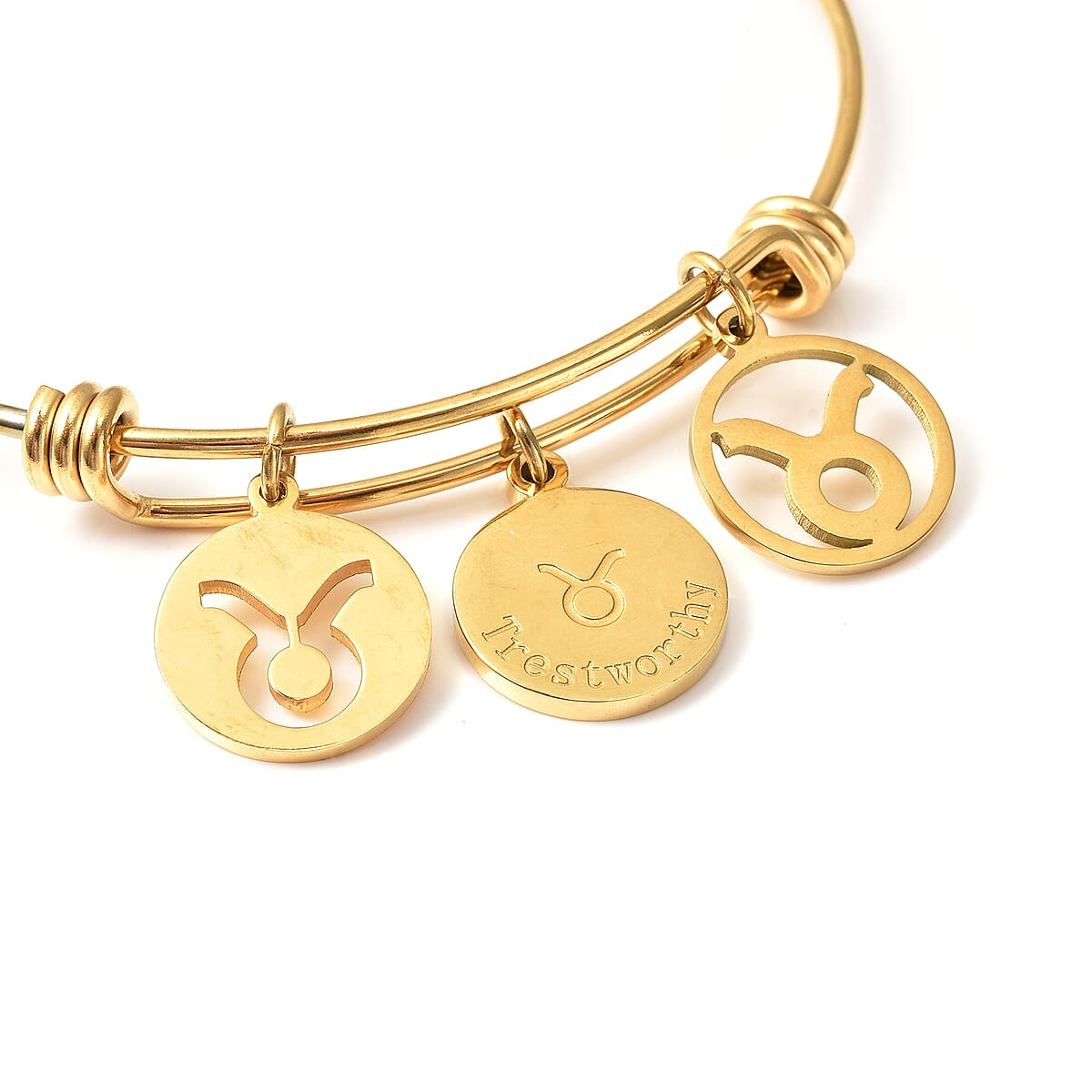 Taurus Zodiac Bangle Bracelet Gift Set in ION Plated Yellow Gold Stainless Steel (6-9 in) image number 4