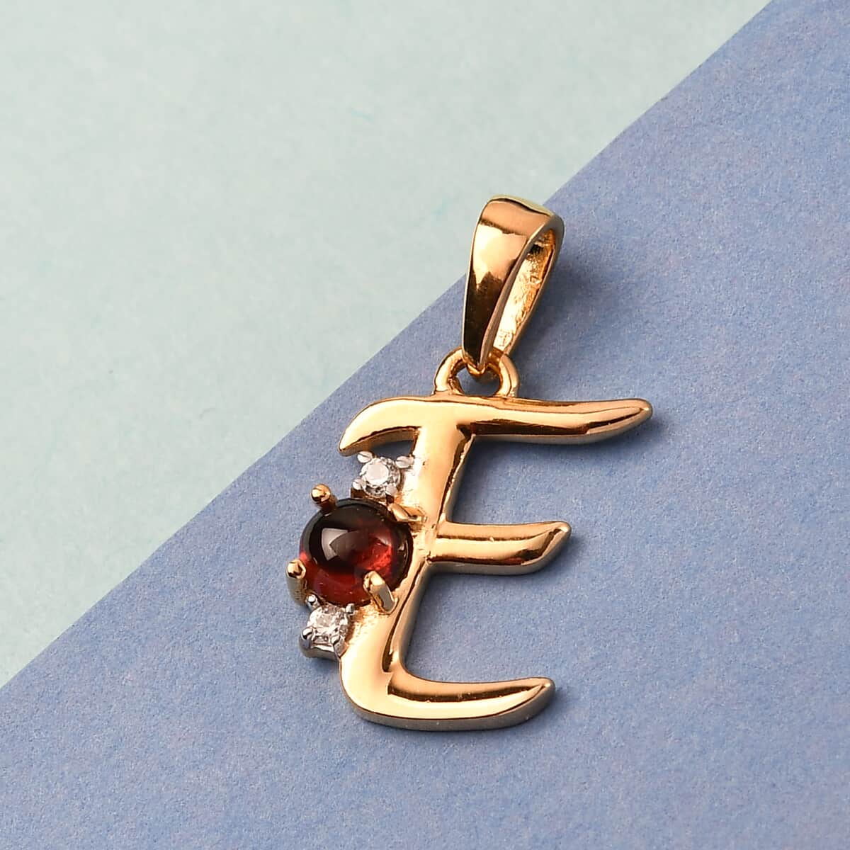 Mozambique Garnet and Natural White Zircon Initial E Pendant in Vermeil Yellow Gold Over Sterling Silver 0.50 ctw image number 1