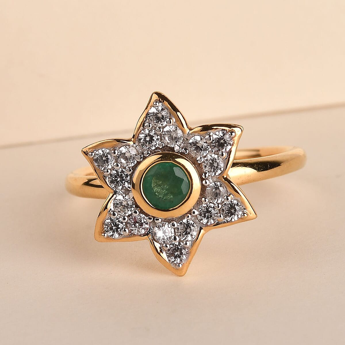 Socoto Emerald and Natural White Zircon May Birthstone Lily of The Valley Floral Ring in Vermeil Yellow Gold Over Sterling Silver (Size 8.0) 0.75 ctw image number 1