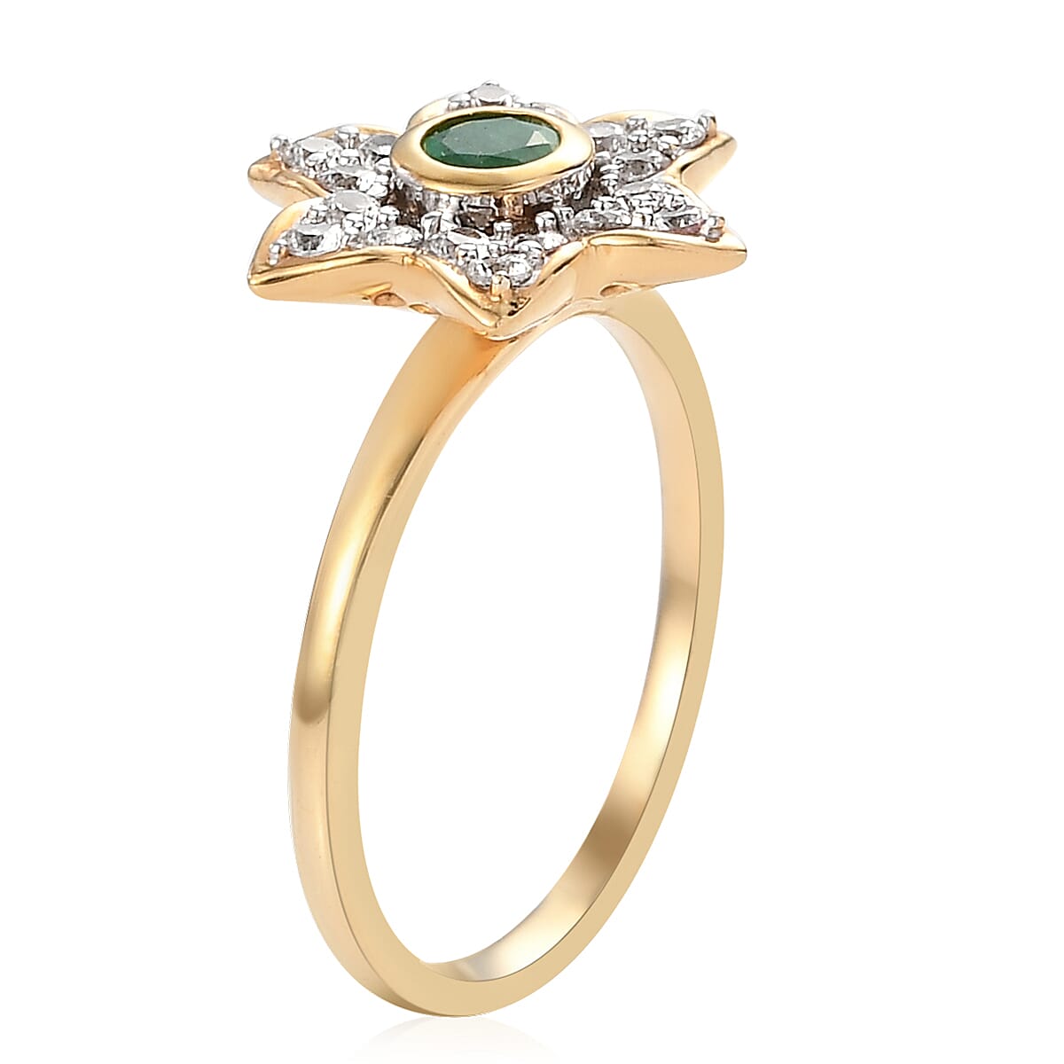 Socoto Emerald and Natural White Zircon May Birthstone Lily of The Valley Floral Ring in Vermeil Yellow Gold Over Sterling Silver (Size 8.0) 0.75 ctw image number 3