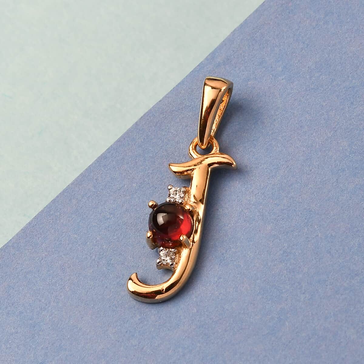 Mozambique Garnet and Natural White Zircon Initial J Pendant in Vermeil Yellow Gold Over Sterling Silver 0.50 ctw image number 1