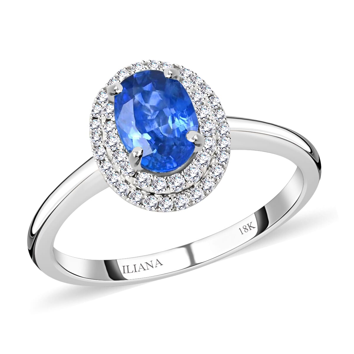 Certified and Appraised ILIANA 18K White Gold AAA Royal Ceylon Sapphire and G-H SI Diamond Double Halo Ring 3.40 Grams 1.25 ctw image number 0