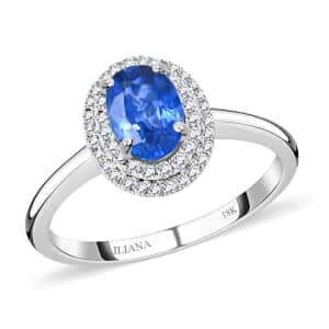 Certified and Appraised ILIANA 18K White Gold AAA Royal Ceylon Sapphire and G-H SI Diamond Double Halo Ring 3.40 Grams 1.25 ctw