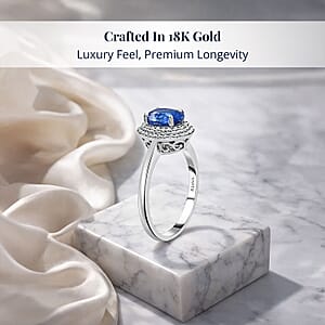Certified & Appraised Iliana AAA Royal Ceylon Sapphire and G-H SI Diamond 1.25 ctw Double Halo Ring in 18K White Gold (Size 7.0)