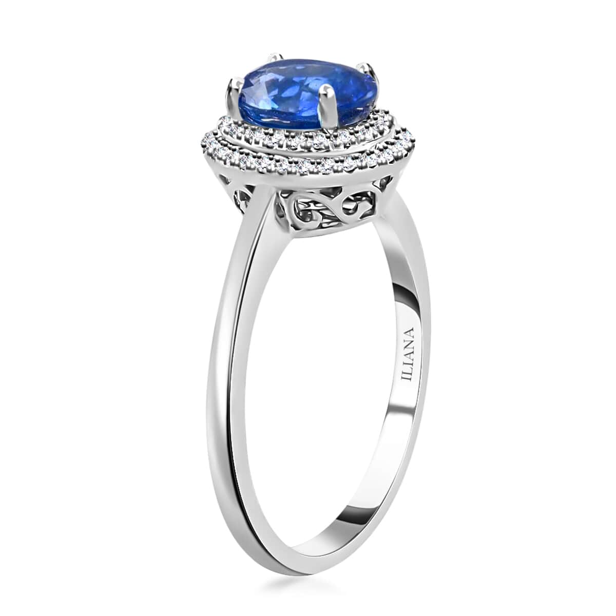 Certified & Appraised Iliana 18K White Gold AAA Royal Ceylon Sapphire and G-H SI Diamond Double Halo Ring (Size 7.0) 1.25 ctw image number 3