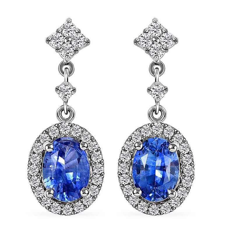 Certified and Appraised Iliana 18K White Gold AAA Royal Ceylon Sapphire and G-H SI Diamond Halo Dangle Earrings 2.20 ctw
