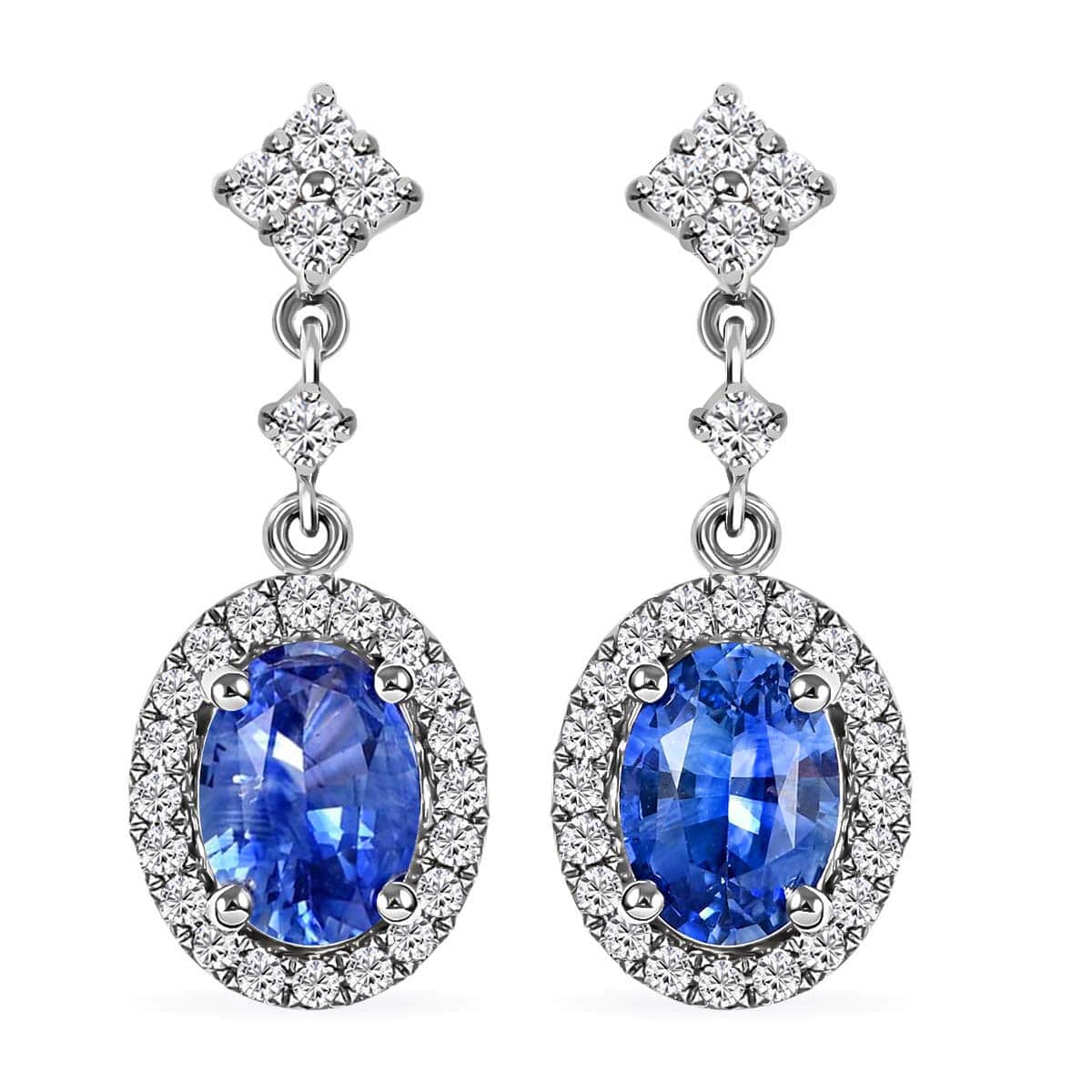 Certified Iliana 18K White Gold AAA Royal Ceylon Sapphire and G-H SI Diamond Halo Dangle Earrings 2.20 ctw image number 0