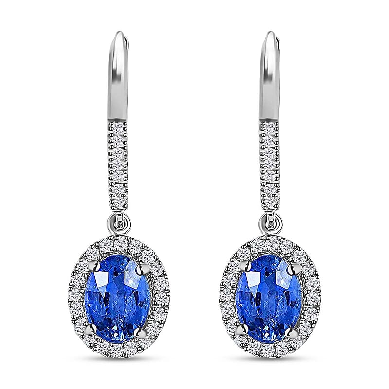 Certified & Appraised Iliana 18K White Gold AAA Ceylon Sapphire and G-H SI Diamond Halo Dangle Earrings 2.15 ctw