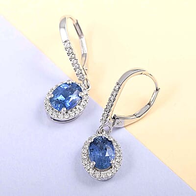 Certified & Appraised Iliana 18K White Gold AAA Ceylon Sapphire and G-H SI Diamond Halo Dangle Earrings 2.15 ctw