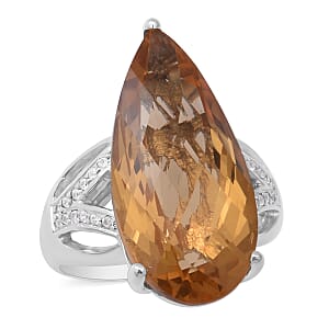Brazilian Citrine and Natural White Zircon Elongated Ring in Platinum Over Sterling Silver (Size 9.0) 7.15 Grams 15.10 ctw