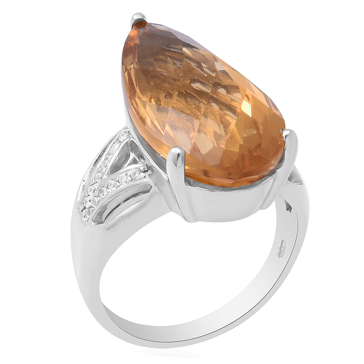 Brazilian Citrine and Natural White Zircon Elongated Ring in Platinum Over Sterling Silver (Size 9.0) 7.15 Grams 15.10 ctw image number 2