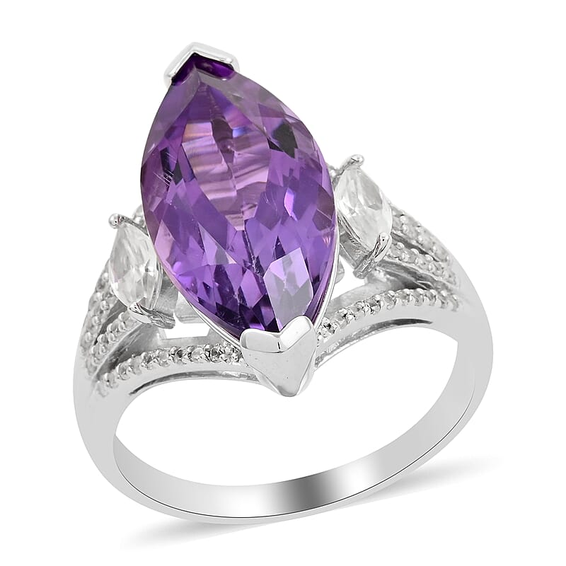 Lusaka Amethyst and Natural White Zircon Elongated Ring in Platinum Over Sterling Silver (Size 10.0) 8.50 ctw