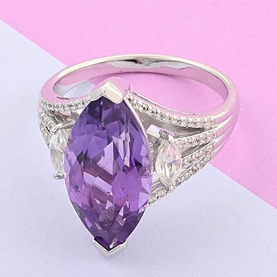 Lusaka Amethyst and Natural White Zircon Elongated Ring in Platinum Over Sterling Silver (Size 10.0) 8.50 ctw