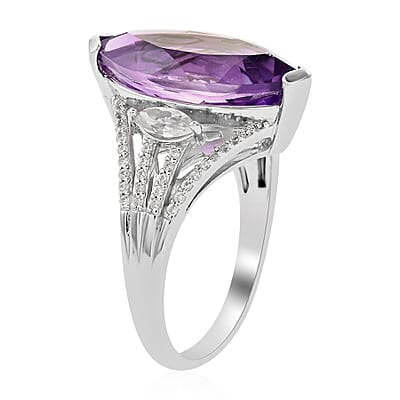 Lusaka Amethyst and Natural White Zircon Elongated Ring in Platinum Over Sterling Silver (Size 10.0) 8.50 ctw
