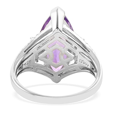 Lusaka Amethyst and Natural White Zircon Elongated Ring in Platinum Over Sterling Silver (Size 10.0) 8.50 ctw