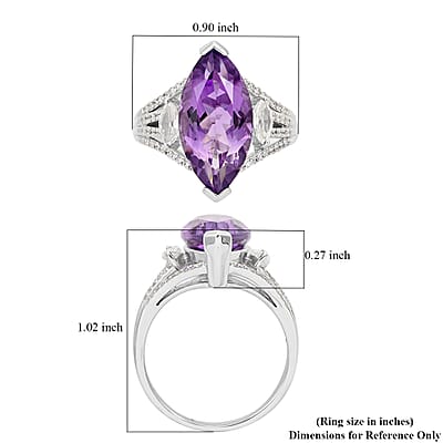 Lusaka Amethyst and Natural White Zircon Elongated Ring in Platinum Over Sterling Silver (Size 10.0) 8.50 ctw