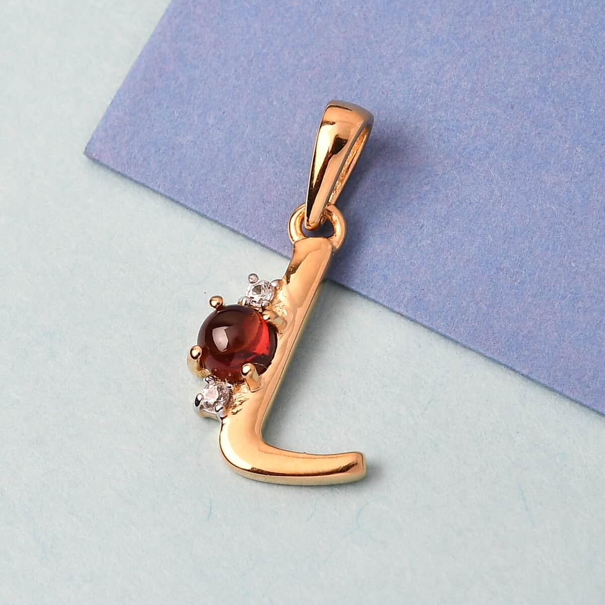Mozambique Garnet and Natural White Zircon Initial L Pendant in Vermeil Yellow Gold Over Sterling Silver 0.50 ctw image number 1