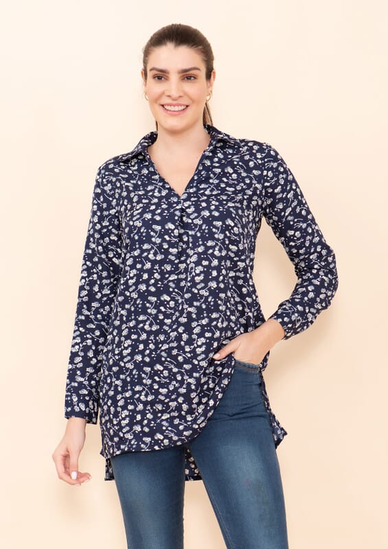 Tamsy Blue Micro Collared with Sleeve Top -L