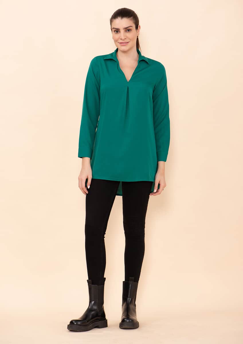 Tamsy Dark Green Micro Collared with Sleeve Top -L image number 0