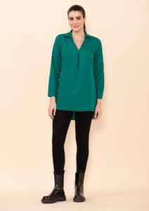 Tamsy Dark Green Micro Collared with Sleeve Top -L