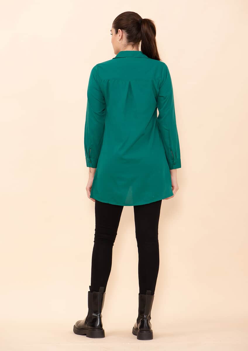 Tamsy Dark Green Micro Collared with Sleeve Top -L image number 1
