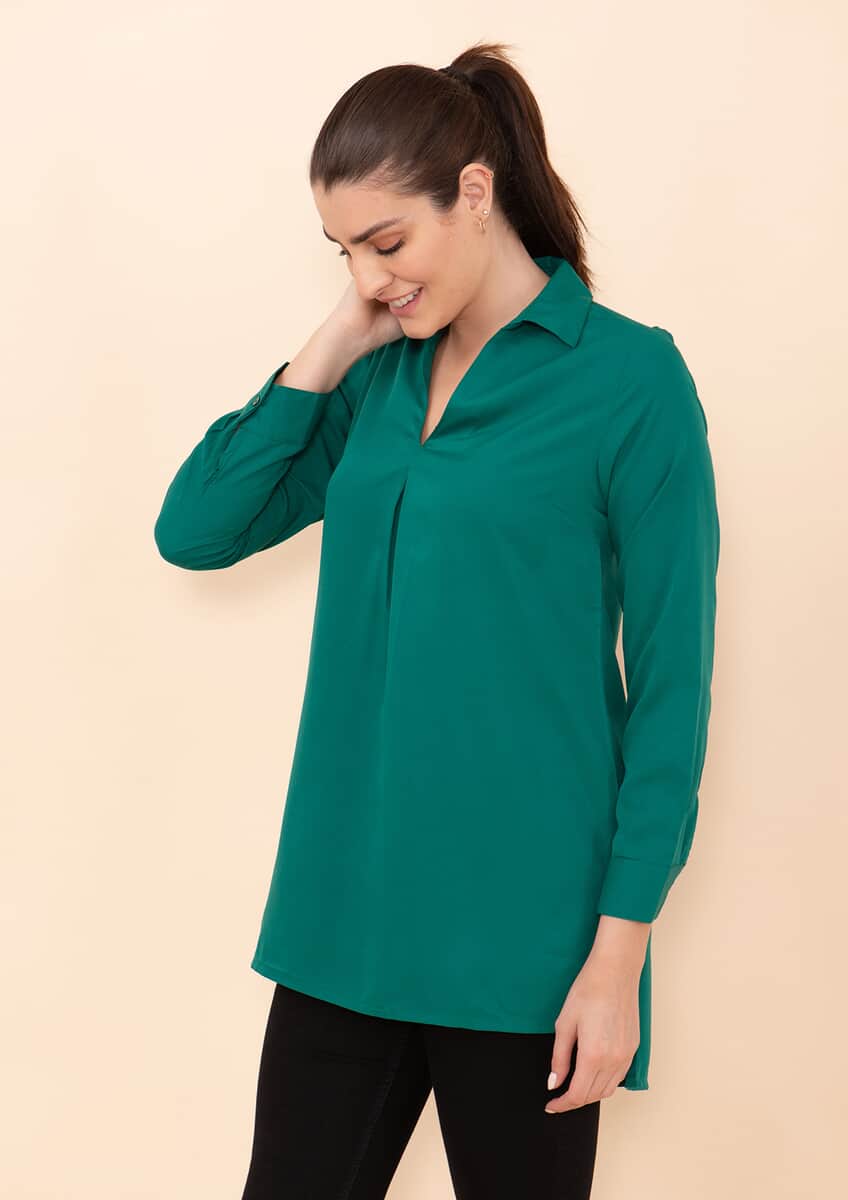 Tamsy Dark Green Micro Collared with Sleeve Top -L image number 3